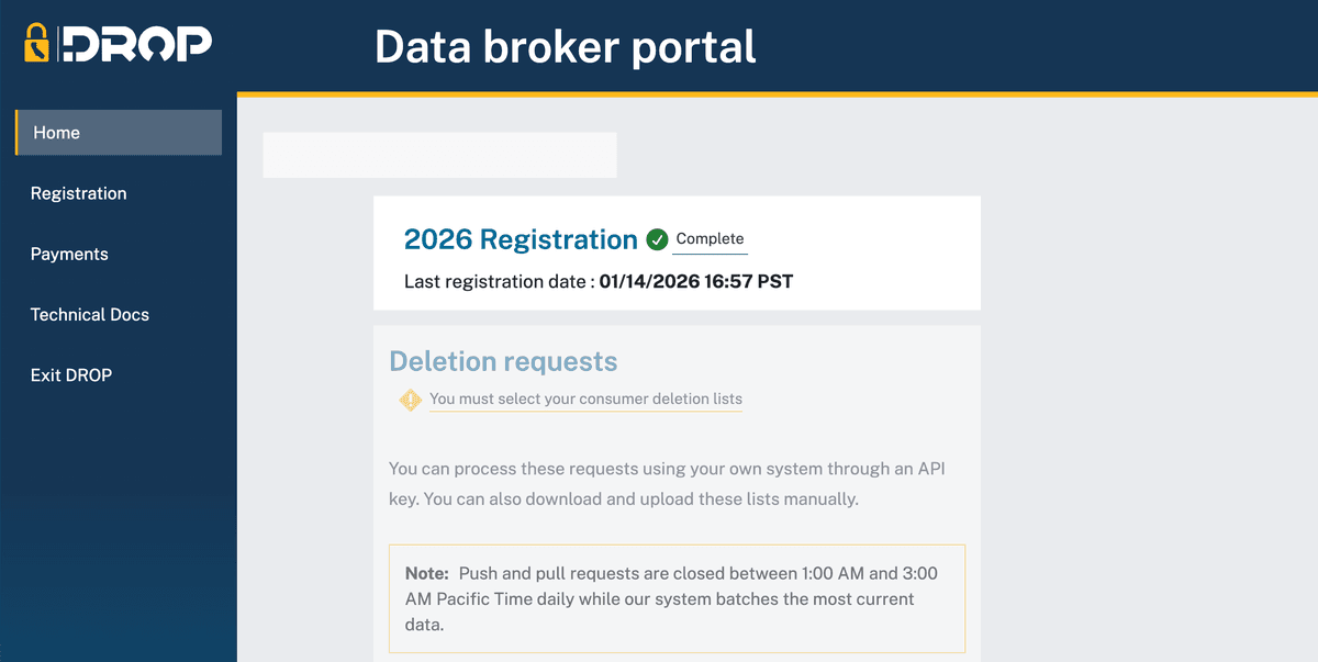 California DROP Data Broker Portal – Technical Docs page